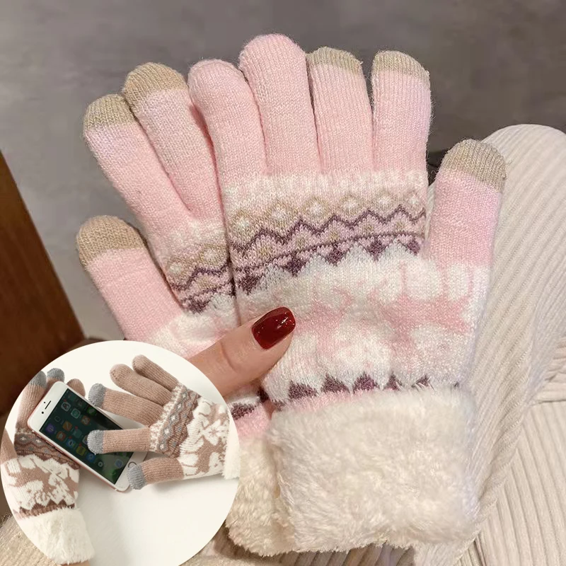 Top Trends: Winter Thick Cashmere Gloves Christmas Deer Knit Warm Mittens Full Finger Skiing Gloves Touch Screen Two Layer Plush Xmas Gloves Shoppable Styles