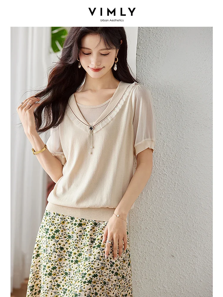 Top Trends: Vimly Thin Ice Silk Summer Sweater Knit Tops For Women 2023 Fashion V Neck Pullover Short Puff Sleeve Knitwear Womens Clothing Shoppable Styles