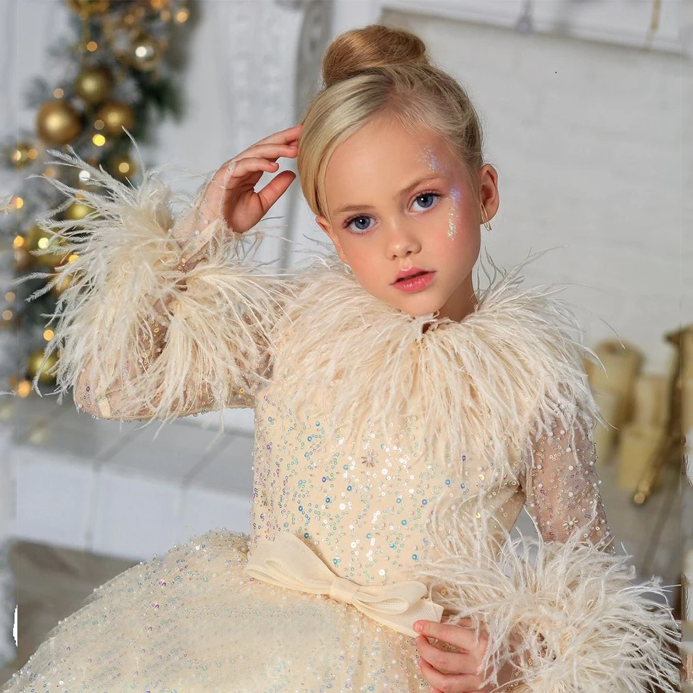 Top Trends: Full Sleeve Scoop A Line Flower Girl Dresses With Fur Sequined 2023 Sequined Christmas Gown Zipper Back فساتين اطفال للعيد Shoppable Styles