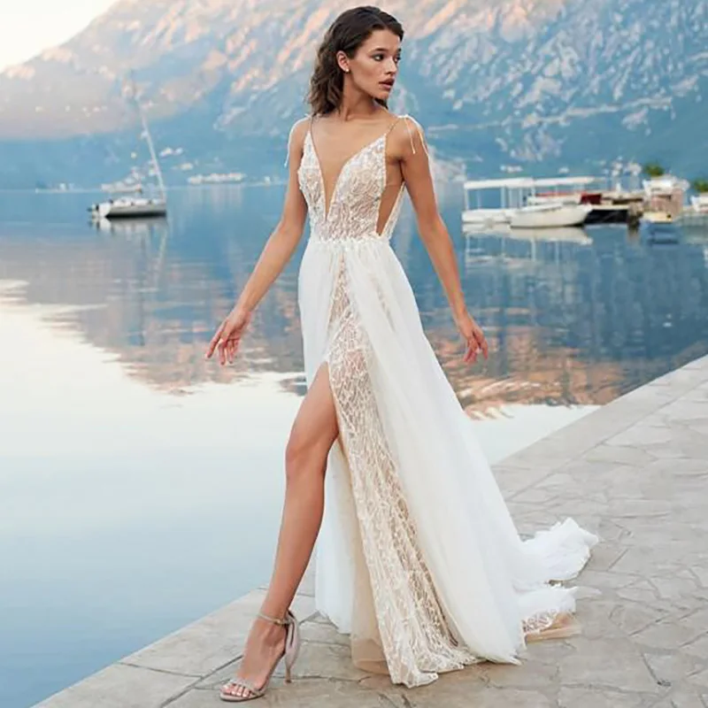 Top Trends: Beach Boho Backless Wedding Dresses 2023 Spaghetti Straps Lace Wedding Gowns Side Split V Neck Bride Dress Vestido De Novia Shoppable Styles