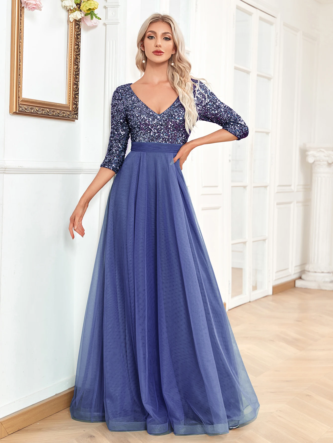 Top Trends: XUIBOL Elegant V-Neck Long Sequin Blue Evening Dress 2024 Women Mermaid Formal Dress Long Sleeves Wedding Party Maxi Prom Dress Shoppable Styles