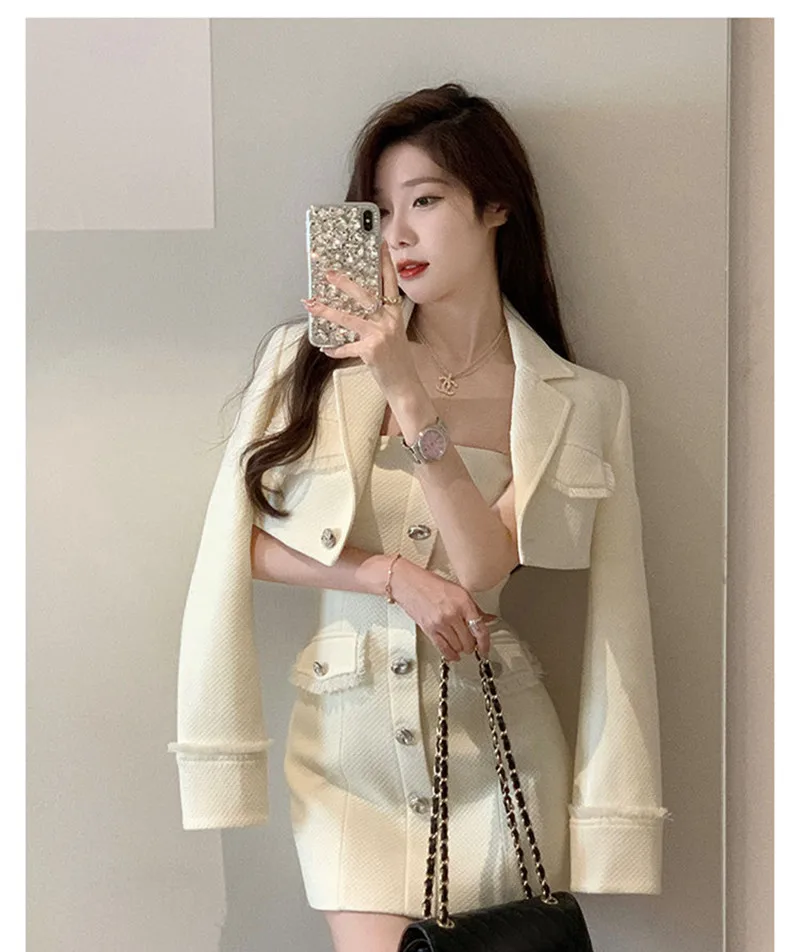 Top Trends: 2023 Autumn Korean Fashion Sets For Women 2 Pieces Short Jacket Coat And High Waist Slim Derss Long Sleeve One Piece Dress Set Shoppable Styles