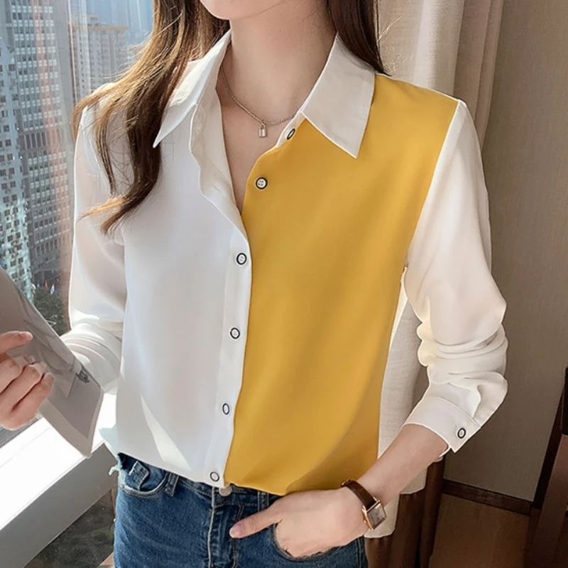 Top Trends: Chiffon Patchwork Solid Color Single Breasted Causal Fashion New 2023 Women's Clothing Long Sleeved Slim All Seasons Shirts Shoppable Styles