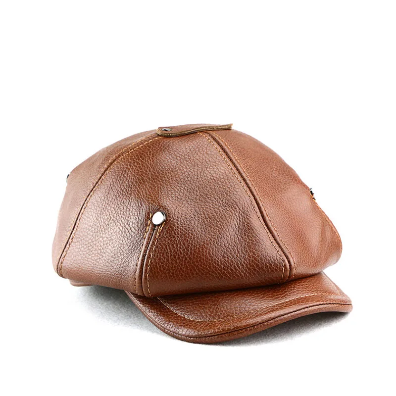 Top Trends: Autumn Winter Real Full Grain Cow Leather Octagonal Beret Cap For Men Retro Fashion British Style Newsboy Hat Artist Visor Shoppable Styles - Image 5