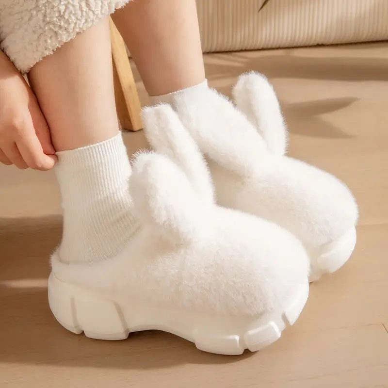 Top Trends: 8 Cm High Platform Fur Slippers Women&#039;s Winter Fluffy Ear Home Shoes Woman White Bunny Rabbit Slippers Woman House Clog Shoes Shoppable Styles