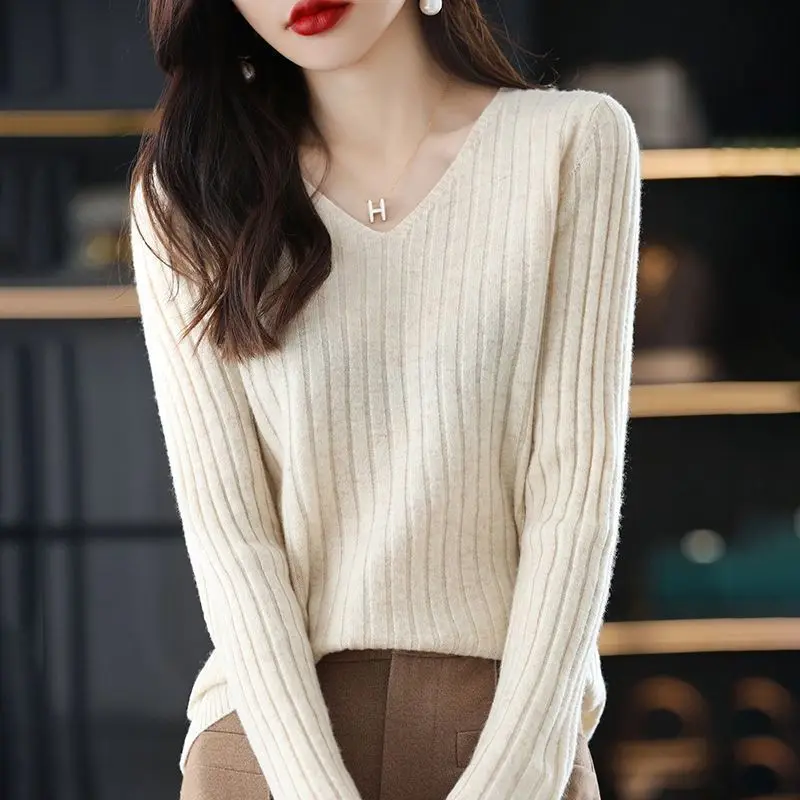 Top Trends: Fashion Women Clothing Long Sleeve Sweater Korean Spring Autumn V-Neck Versatile Loose Casual Basic Solid Knitted Pullovers Tops Shoppable Styles