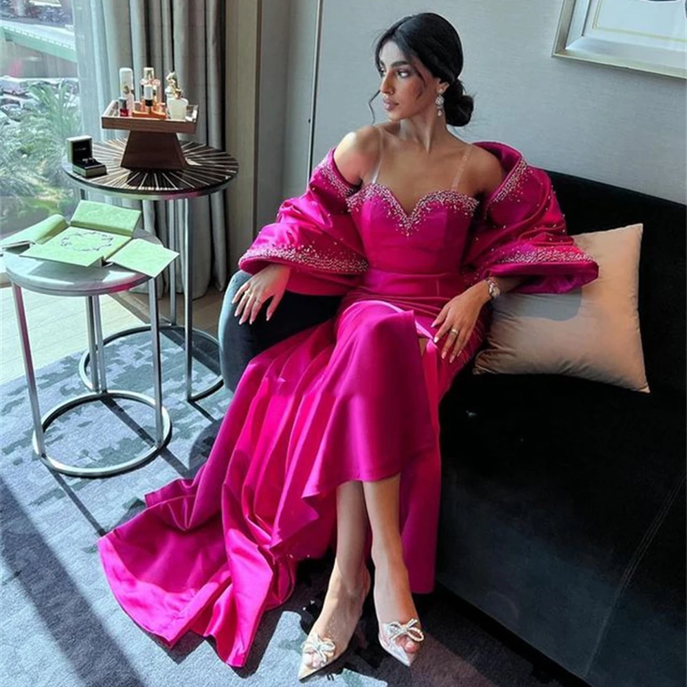 Top Trends: Eeqasn Fuchsia Saudi Arabia Prom Dresses Stain Beaded Big Bow Split Side Long Evening Dress Formal Women Dubai Party Gowns 2023 Shoppable Styles