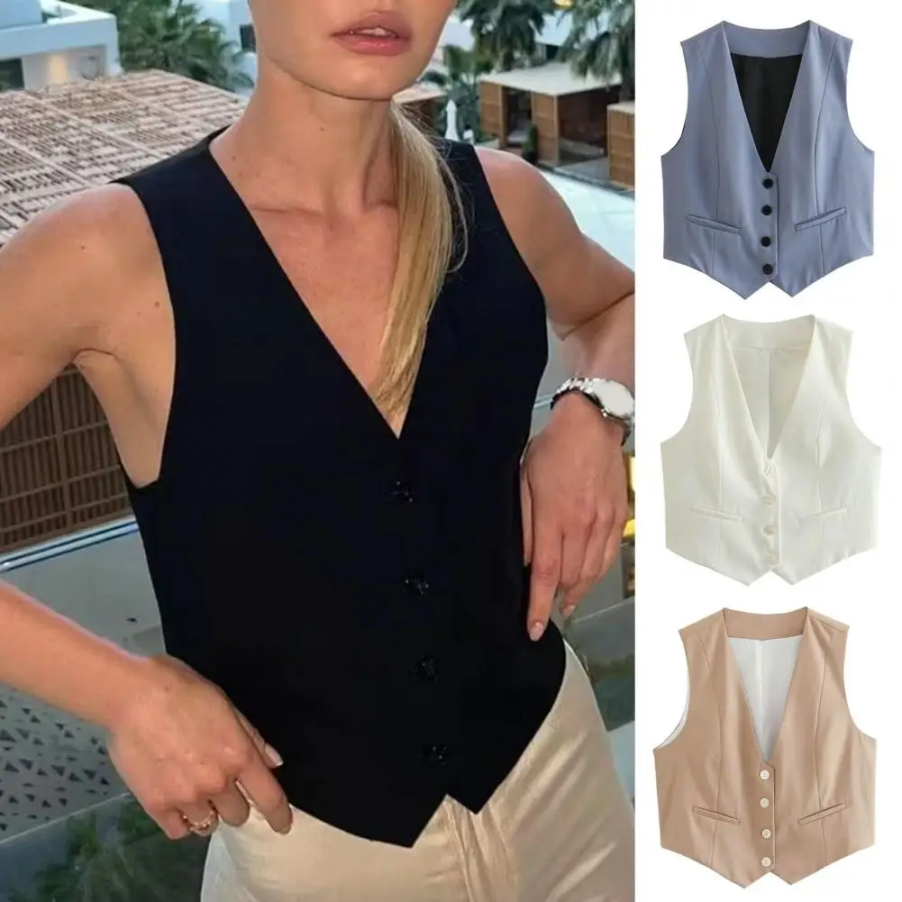 Top Trends: Summer Women V-neck Sleeveless Waistcoat Single Breasted Small Pockets Slim Fit Solid Color Cropped Vest Coat Single-Breasted Shoppable Styles