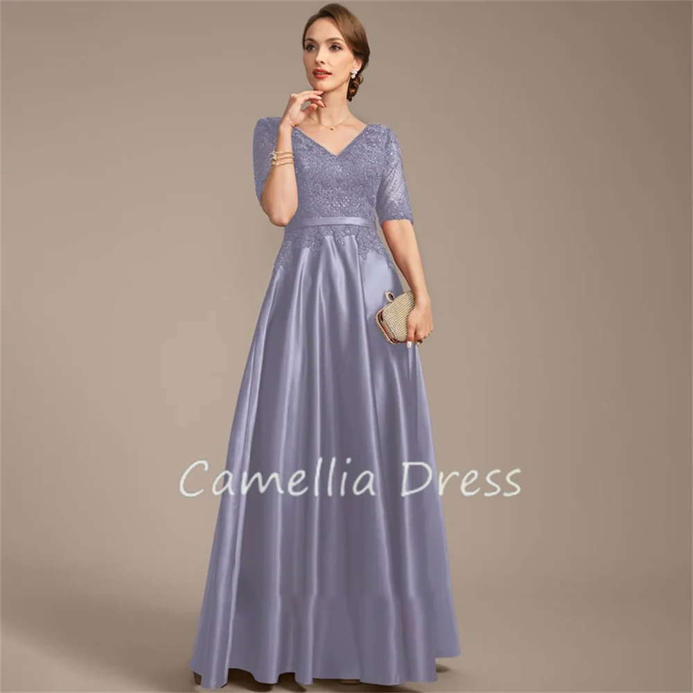 Top Trends: New V-Neck Mother Of The Bride Dress Floor-Length Lace Satin A Line With Sequins Formal Dresses Vestidos Mae Da Noiva Casamentos Shoppable Styles