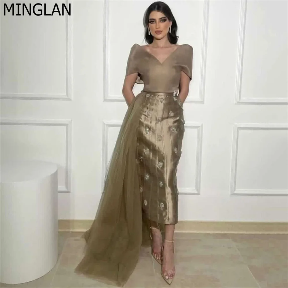 Top Trends: MINGLAN Fashion V Neck Short Sleeve Crystal Mermaid Long Evening Dress Ankle Length Sweep Train Elegant Formal Prom Gown New Shoppable Styles