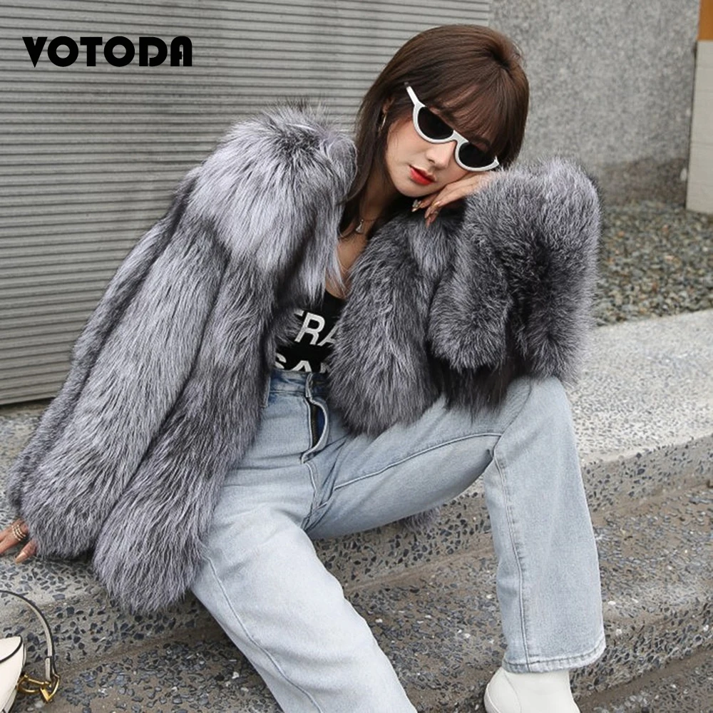 Top Trends: Winter Women Silver Fox Fur Coat High Quality Luxury Faux Fur Jacket Thicken Long Sleeve Fox Fur Overcoat Fluffy Furry Outerwear Shoppable Styles