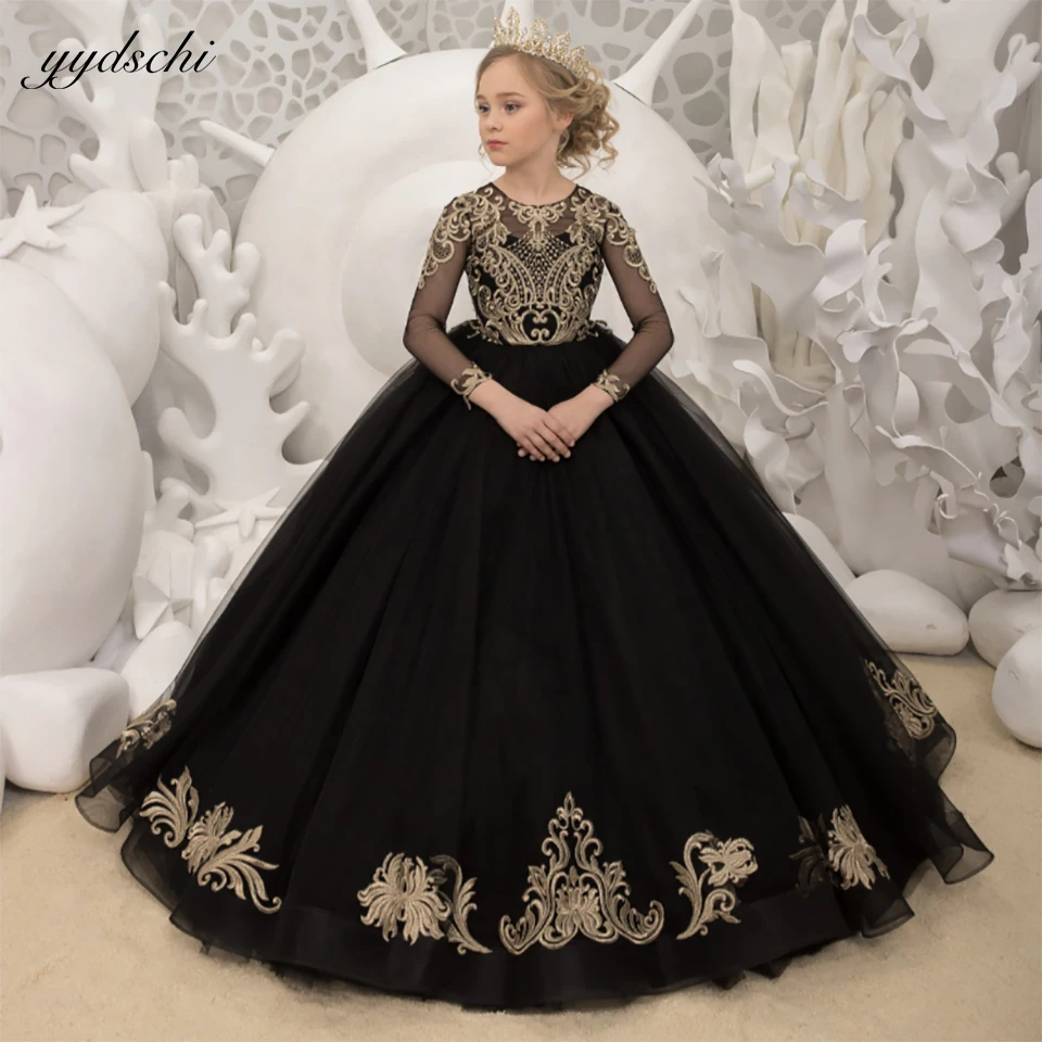 Top Trends: Luxury Black Gold Appliques Flower Girl Dresses For Wedding 2023 Princess Ball Gown Pageant Long Sleeves First Communion Gowns Shoppable Styles