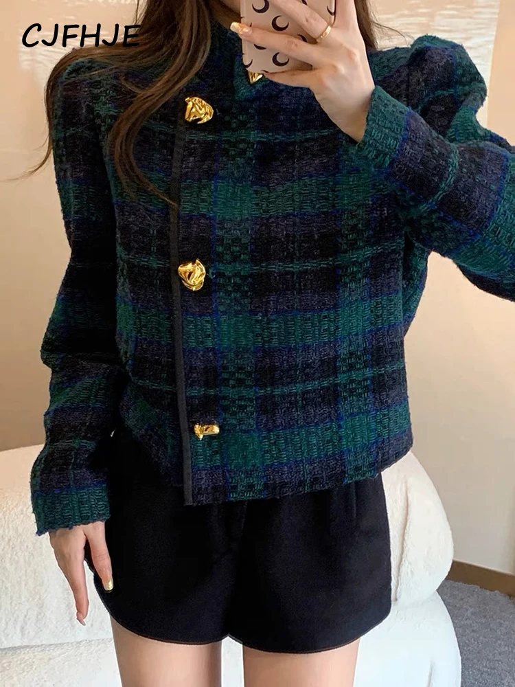 Top Trends: CJFHJE Fashion Green Plaid Short Suit Jacket Women Autumn Winter New French Style Retro Stand Collar Long Sleeve Blazers Female Shoppable Styles