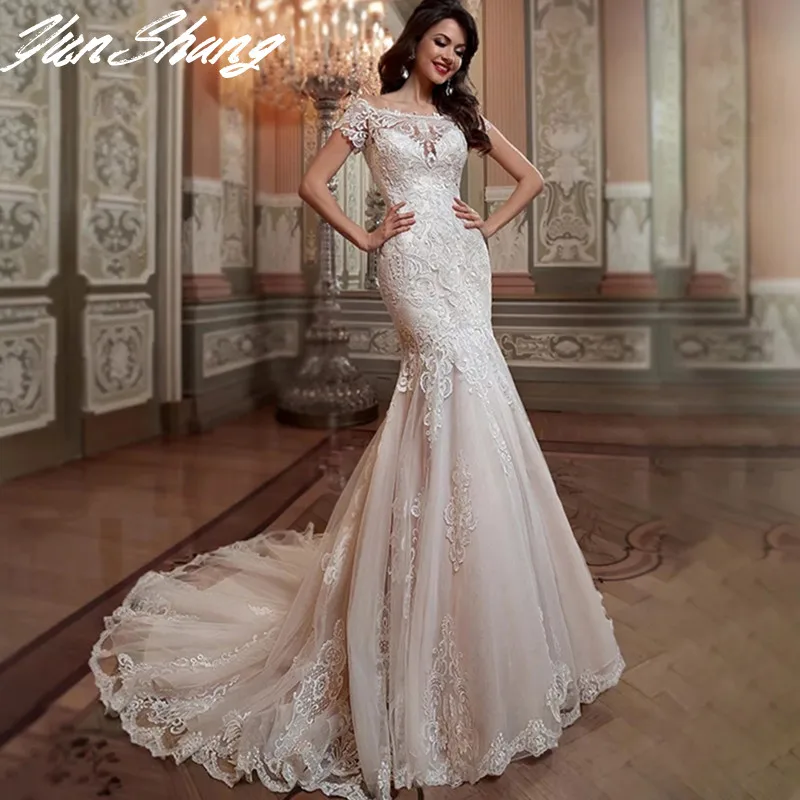 Top Trends: YunShang Luxury Mermaid Wedding Dress Short Sleeves Lace Appliques Elegant Boat Neck Bride Gown Illusion Backless Button Train Shoppable Styles