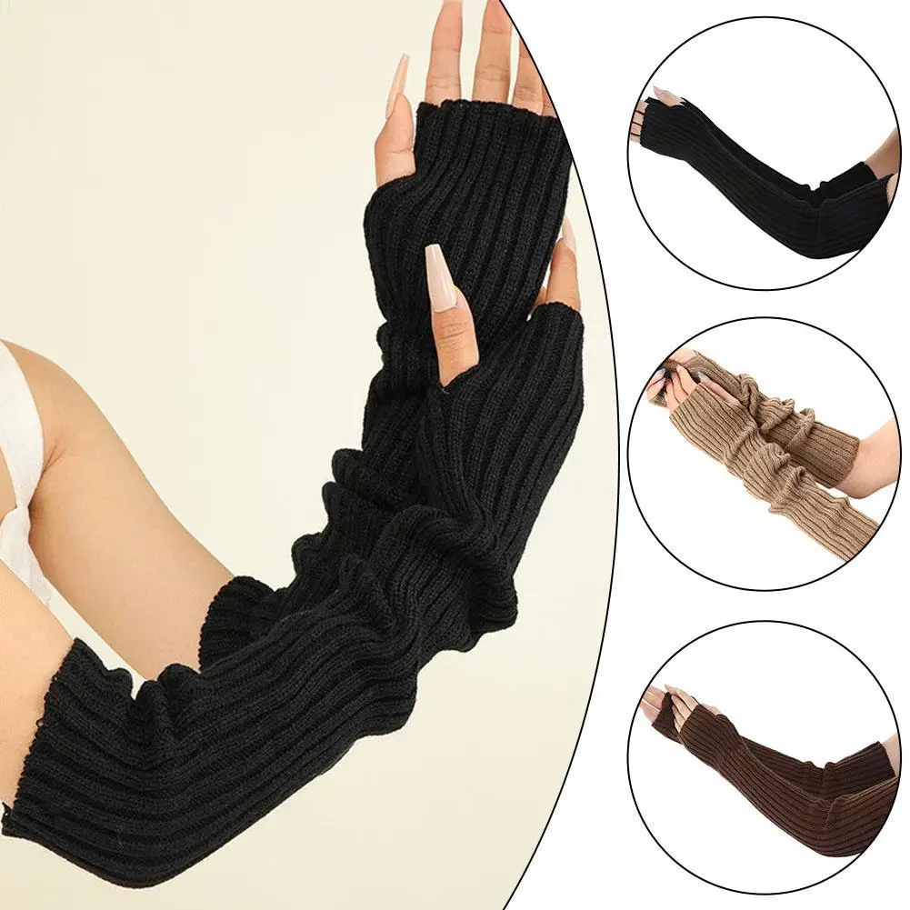 Top Trends: 1Pair Arm Warmers Long Fingerless Gloves For Women Knitted Wrist Warmers With Thumb Hole Black Coffee Khaki Shoppable Styles