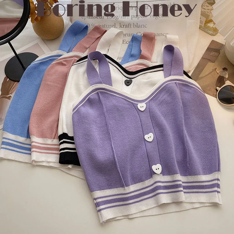 Top Trends: Boring Honey Women Crop Top Love Button Sleeveless Knitted Tops Contrast Color Summer Women Fashion Be All-Match V-Neck Tops Shoppable Styles