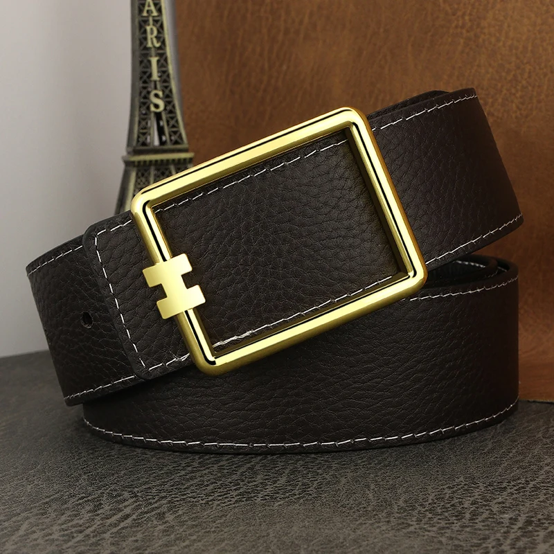 Top Trends: High Quality Designer Square Slide Buckle Belts Men Full Grain Leather Fashion Luxury Famous Brand Brown Young Men Ceinture Homm Shoppable Styles - Image 4