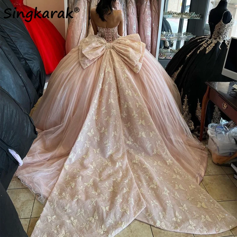 Top Trends: Pink Quinceanera Dresses Ball Gown Sweet 16 Dress Bow Butterfly Appliques Crystal Graduation Party Gowns Vestido De 15 Anos Shoppable Styles