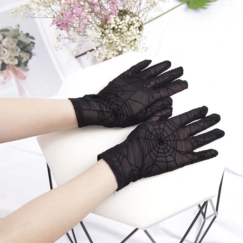 Top Trends: New Sexy Summer Female Black Full Finger Short Lace Gloves For Women Driving Spider Web Pattern Sun Anti-UV Fashion Gloves Shoppable Styles