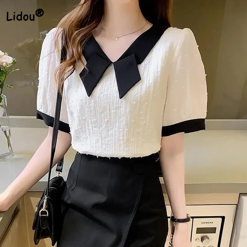 Top Trends: Elegant Fashion Contrasting Colors Spliced Shirt Female Clothing Korean Casual All-match Short Sleeve Women's V-Neck Blouse Shoppable Styles