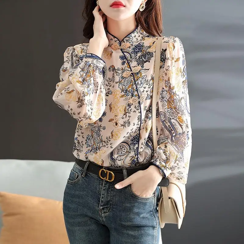 Top Trends: 2023 Vintage Chinese Stand Collar Cheongsam Button Top Women's New Fashion Long Sleeve Flower Printed Elegant Retro Blouse G749 Shoppable Styles