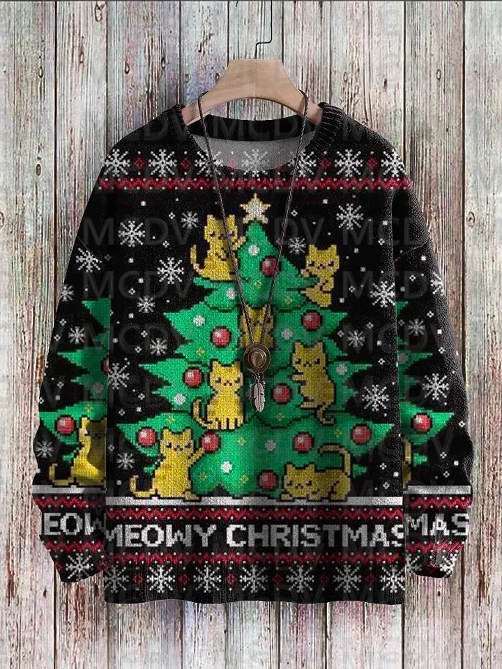 Top Trends: Vintage Meowy Christmas Funny Cats Tree Decoration Art Pattern Print Casual Knit Pullover Sweater Shoppable Styles