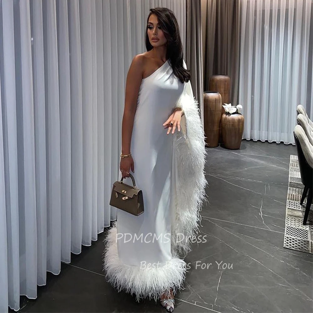 Top Trends: Sexy Dubai Arabic Women Formal Evening Dresses White Feathers Luxury One Shoulder Straight Special Occasion Prom Gowns Vestidos Shoppable Styles