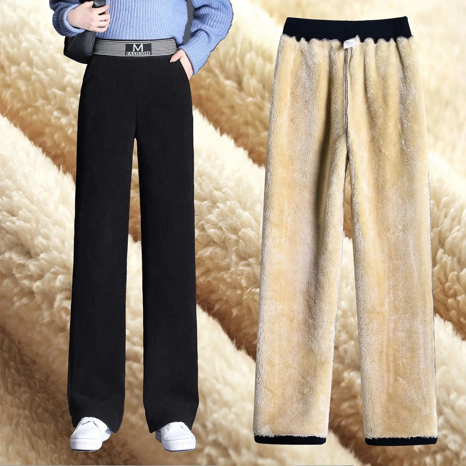 Top Trends: Autumn Winter Fleece Warm Straight Trouser Corduroy Elastic Waist Loose Wide Leg Solid All-match Fashion Women Casual Sweatpants Shoppable Styles