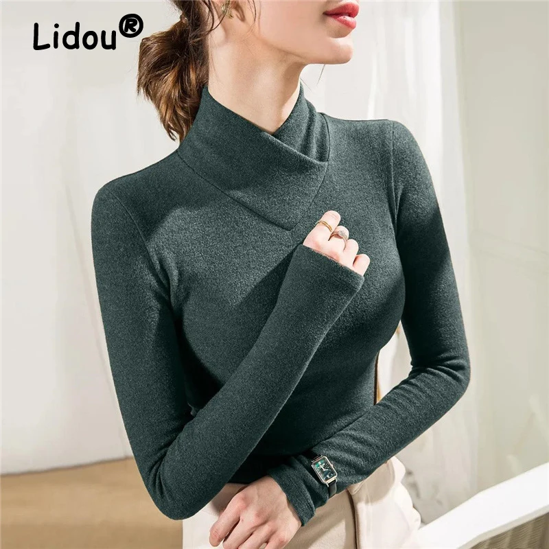 Top Trends: Korean Fashion Elegant Thick Warm Half High Collar Basic T Shirt Women Autumn Winter Solid Slim Long Sleeve Ladies Tops Clothes Shoppable Styles - Image 2