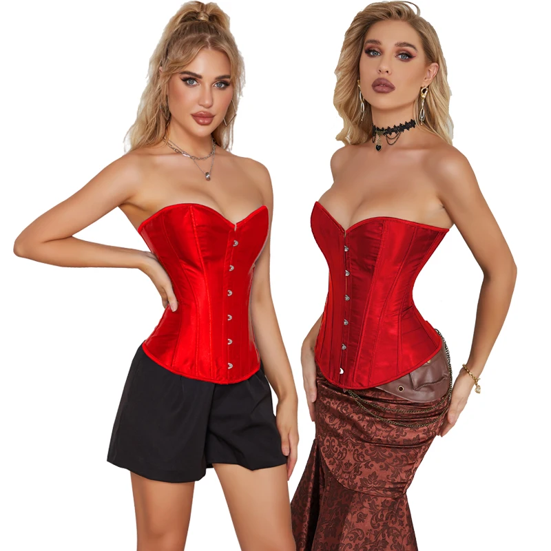 Top Trends: Overbust Corset Satin Black White Purple Red Blue Brown Pink Waist Bustier Top Lace Up Corselet Body Shaper Shoppable Styles