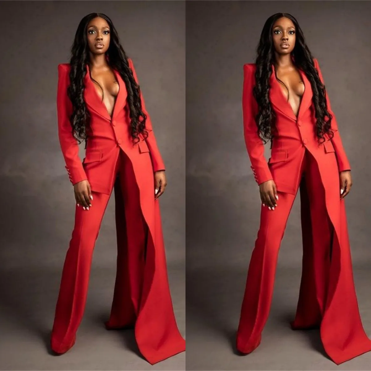 Top Trends: Red Women Suits Set 2 Pieces Super Long Blazer Wide Leg Pants Custom Made Fashion Office Lady Floor Length Party Prom Dress Shoppable Styles