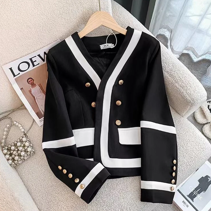 Top Trends: Women's Court Style Contrast Coat, High-Quality, Light Luxury, Metal Buckle, Fashion Suit, Female Clothes, Black And White Shoppable Styles