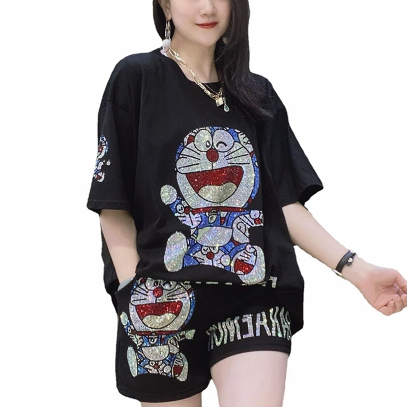 Top Trends: Two Piece Sets Summer Women Top Shorts Suit Hot Drilling Cartoon Short Sleeve T-shirt + Loose Wide Leg Hot Shorts Casual Trendy Shoppable Styles