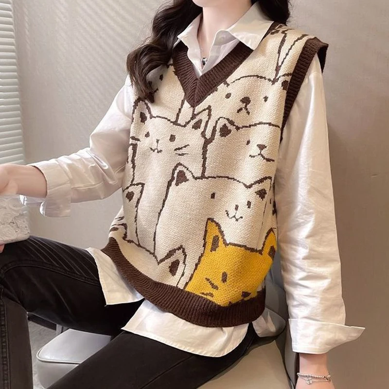 Top Trends: Women Cat Printed Cute Sweater Vest Knit V-Neck Casual Sleeveless Pullovers Streetwear Sweater Vest For Women 2023 Autumn Shoppable Styles - Image 3