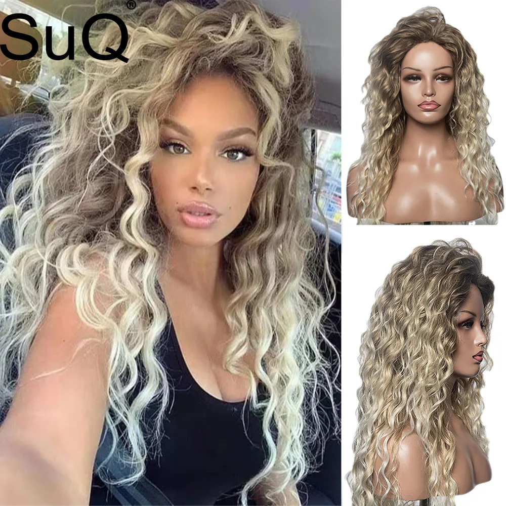 Top Trends: SuQ Synthetic Deep Wave Curly Wig Long Blonde Hair Wigs For Women Freepart Hairline Brown Roots Ombre Wig Natural Fluffy Wavy Shoppable Styles