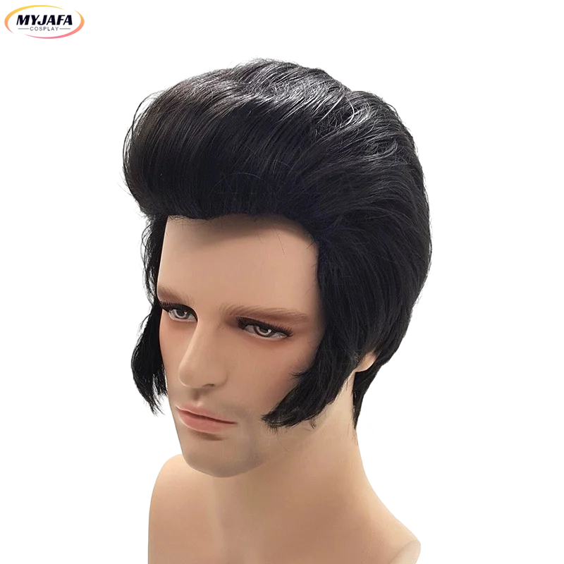 Top Trends: Men&#039;s Rock Singers Elvis Aron Presley Cosplay Wig Party Elvis Presley Heat Resistant Black Synthetic Party Hair Wig + Wig Cap Shoppable Styles