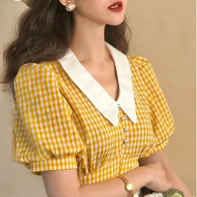 Top Trends: Cottagecore Crop Top Yellow Blouses Summer Kawaii Puff Sleeve Plaid Shirt Women Checkered French Retro Style 2023 Vintage Shoppable Styles