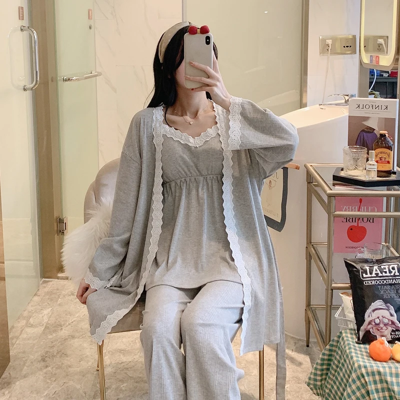 Top Trends: Lace Patchwork Cotton Maternity Nursing Sleepwear Elegant Loose Pajamas Suit For Pregnancy Women Home Sleep Lounge Wear 3PCS Set Shoppable Styles - Image 2