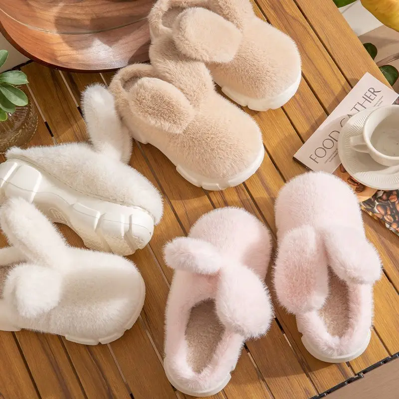 Top Trends: 8 Cm High Platform Fur Slippers Women's Winter Fluffy Ear Home Shoes Woman White Bunny Rabbit Slippers Woman House Clog Shoes Shoppable Styles - Image 6