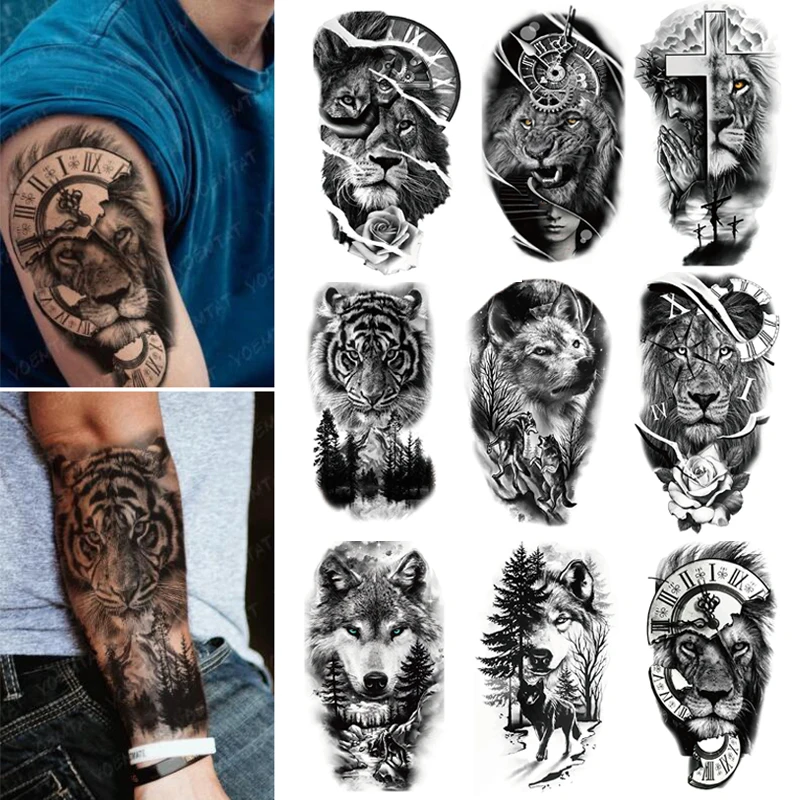 Top Trends: Full Arm Temporary Tattoo Sticker Forest Lion Tiger Tatto Stickers Women Men Wolf Body Art Arm Neck Fake Tatto Waterproof Shoppable Styles