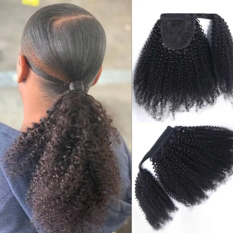 Top Trends: Ponytails Extensions Human Hair Afro Kinky Curly Drawstring Ponytail Brazilian Kinky Curly Wrap Around Ponytail 4B 4C Remy Hair Shoppable Styles