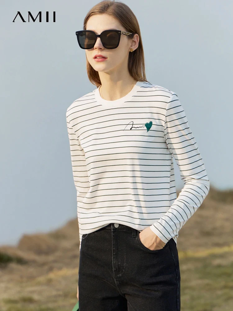 Top Trends: AMII Minimalist T-shirts For Women 2023 Spring Cotton Korean Letter Embroidery Stripe Elegant Casual Pullover Tees Top 12361004 Shoppable Styles