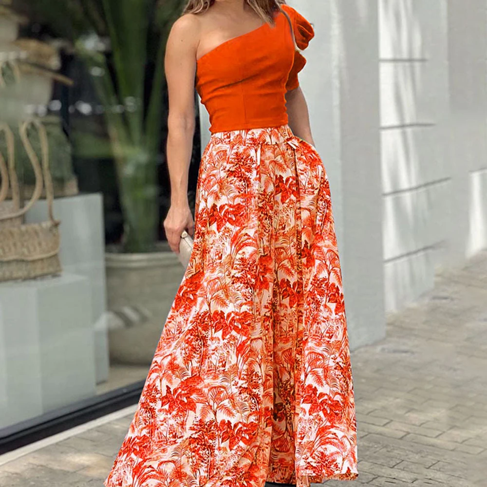 Top Trends: 2023 Spring New Women's Clothing Fashion And Elegant Slanted Shoulder Sleeve Top Printed Wide Leg Pants Two Piece Set Female Shoppable Styles