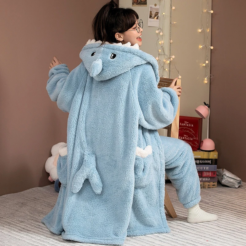 Top Trends: Cartoon Flannel Nightgowns Long Thick Coral Velvet Pajamas Set Women Winter Cute Warm Nightdress Shark Cosplay Sleepwear Suit Shoppable Styles