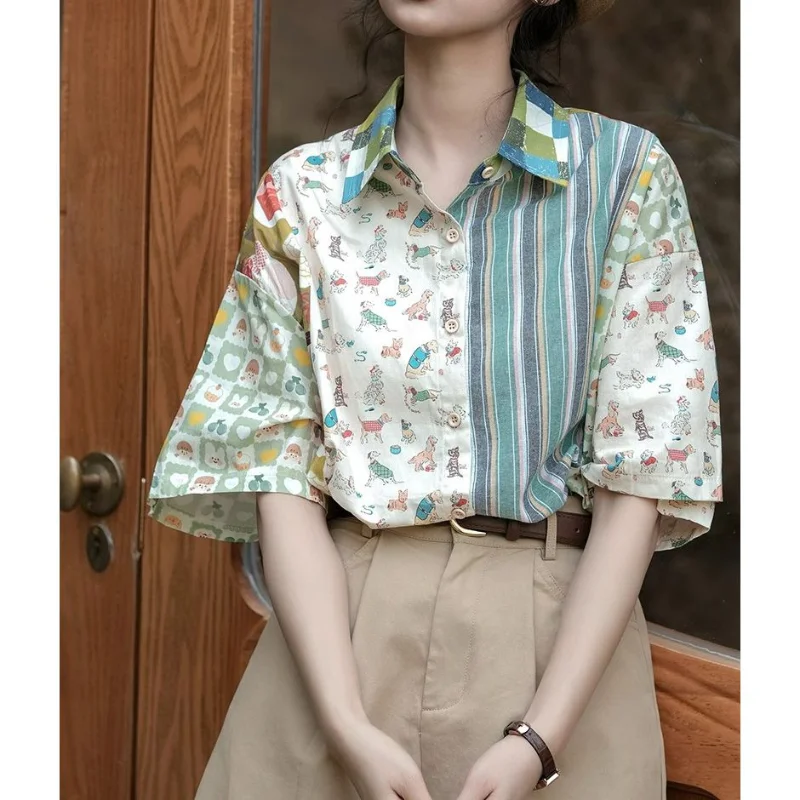 Top Trends: 2023 New Summer Loose Fitting And Slimming Casual Fashion Retro Hong Kong Style Printed Panel Design Sense Niche Women&#039;s Shirt Shoppable Styles