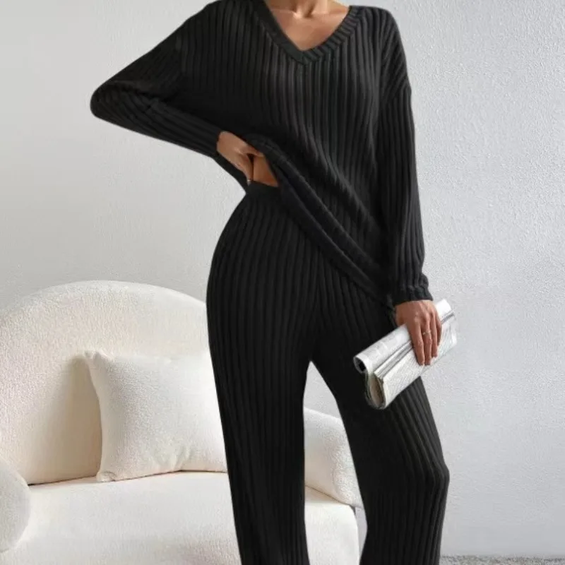 Top Trends: Autumn And Winter Women's Pullover V-neck Solid Color New Two-piece Straight Leg Pants Loose Fitting Long Sleeved Fashion Suit Shoppable Styles