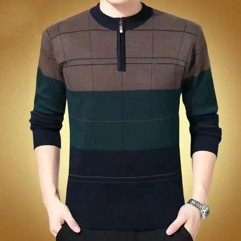 Top Trends: Men Vintage Plaid Zippers Bottoming Sweaters Autumn Winter Casual Fashion Male Clothes Basic Long Sleeve Knitted Pullovers Tops Shoppable Styles