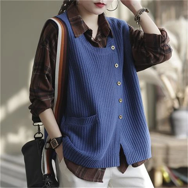 Top Trends: Women Vintage Round Neck Single Breasted Sleeveless Knitted Cardigan Vest Casual Solid Loose Pocket All Match Waistcoat Clothes Shoppable Styles