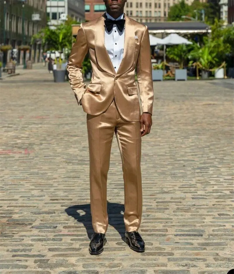 Top Trends: Gold Silk Satin Men Suits Blazer Pants Groom Prom Party Wedding Tuxedos2 Pieces Codtume Homme Mariage Shoppable Styles