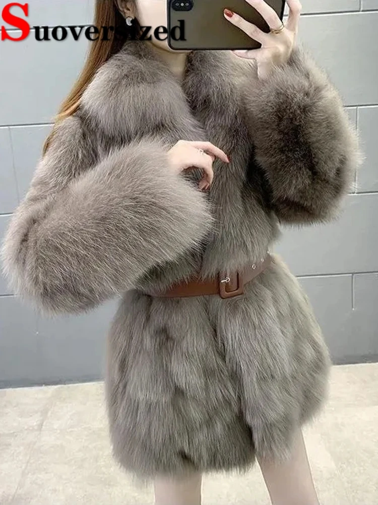 Top Trends: Thicken Warm Faux Fox Fur Overcoats Belt Winter Korean Fashion Jacket Loose Casual Furry Casaco Lapel Women Plush Chaquetas Shoppable Styles